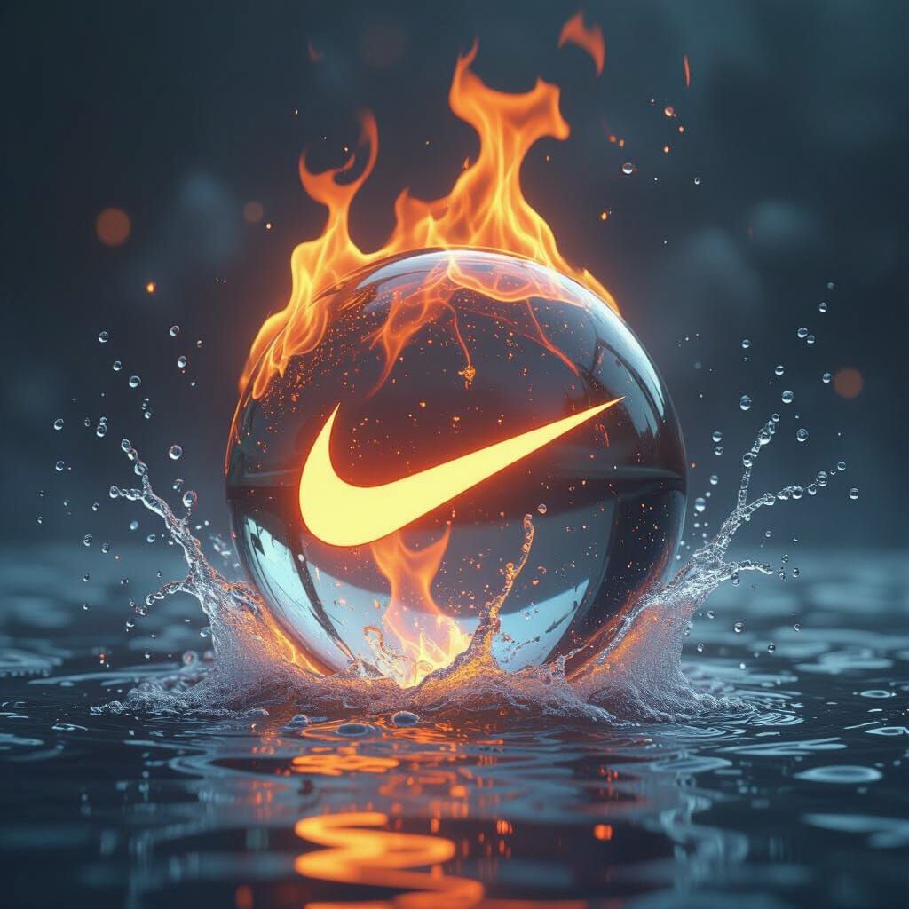 Fiery Nike Orb: A Surreal Digital Art Scene