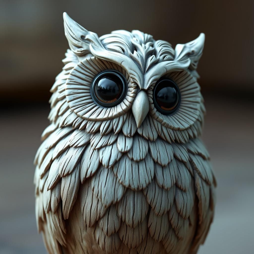 Carved Wooden Owl with Expressive Eyes