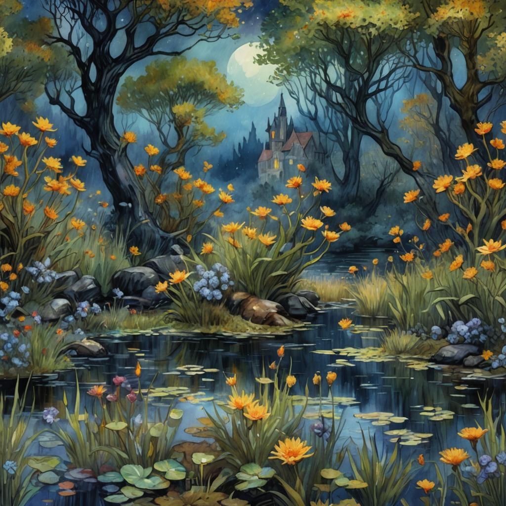 Dark Fae Landscape in Impressionistic Watercolor Style