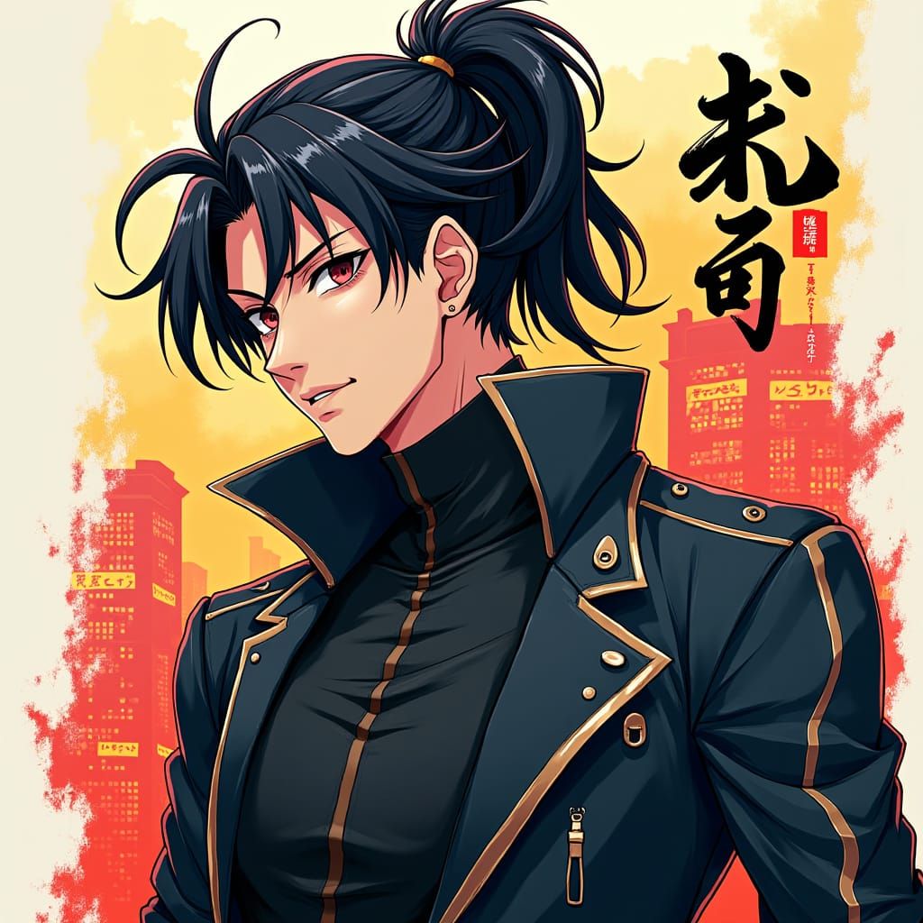 Anime Male with Spiky Ponytail in Manga Cityscape