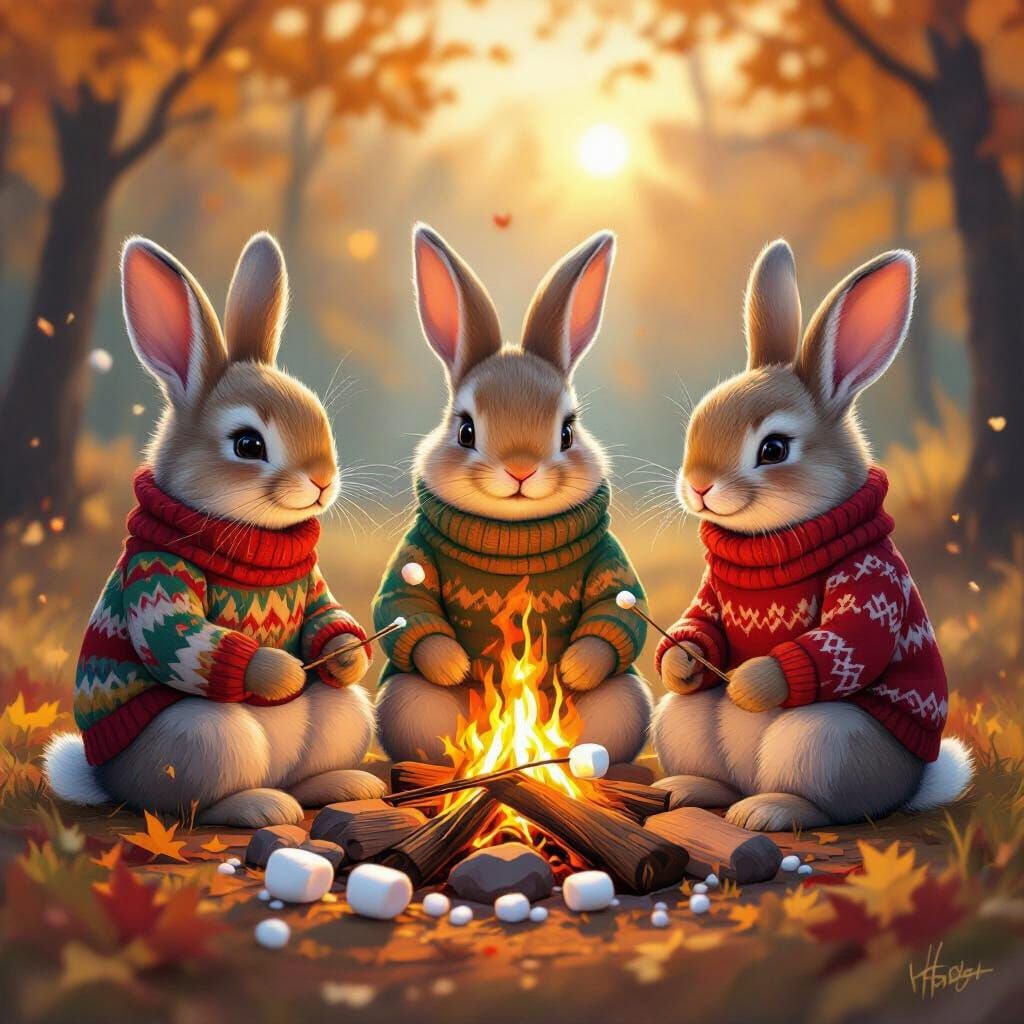 Three Rabbits Enjoying Autumn Bonfire in Golden Hour