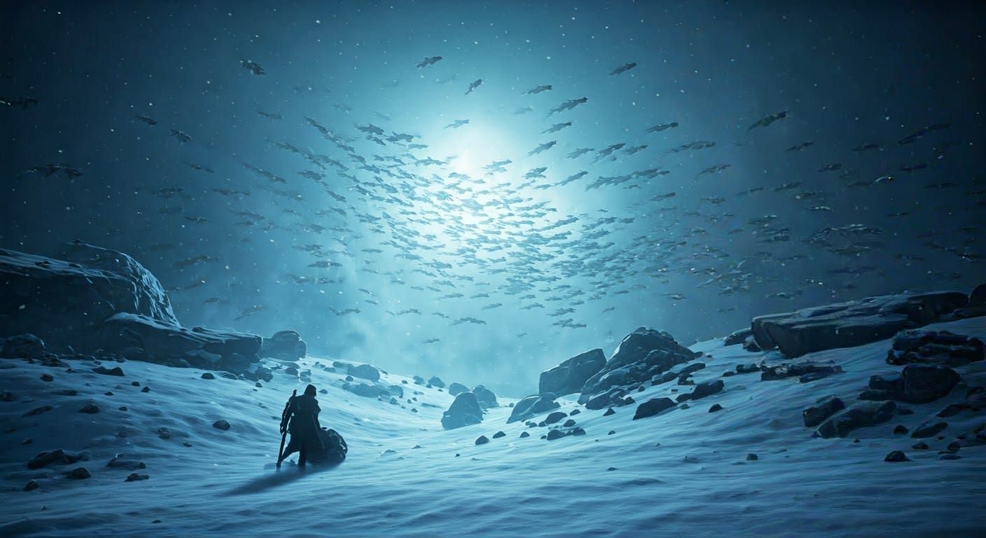 Epic Futuristic Battle in the Snowy Fog