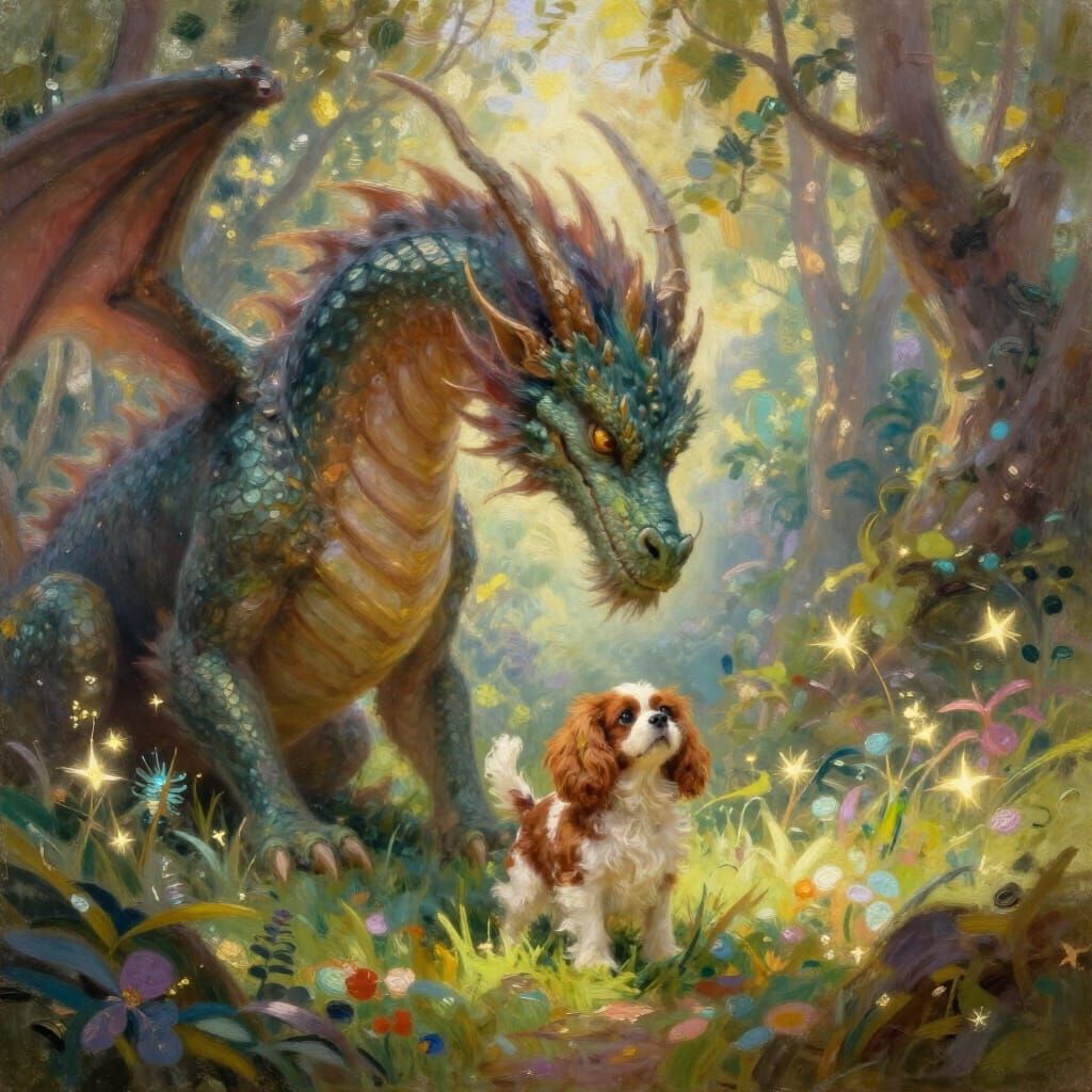 Dragon Nuzzles Spaniel in Enchanted Forest Oil Painting
