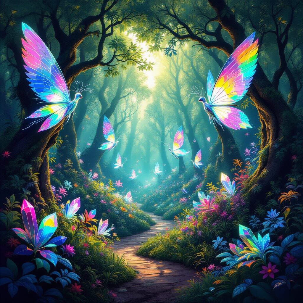 Magical Grove with Crystalline Creatures and Ethereal Light