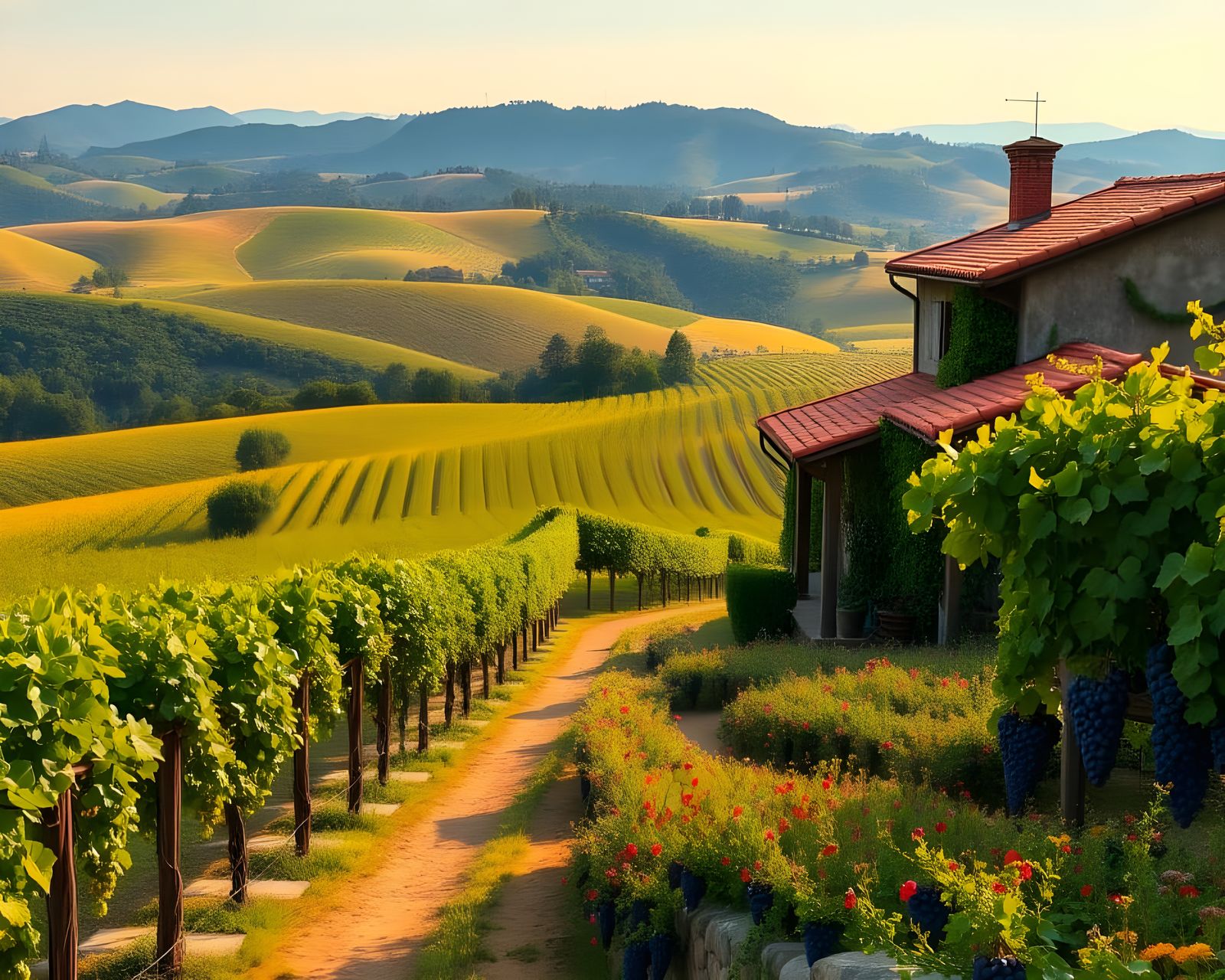 Serene Vineyard Landscape in Impressionist Style