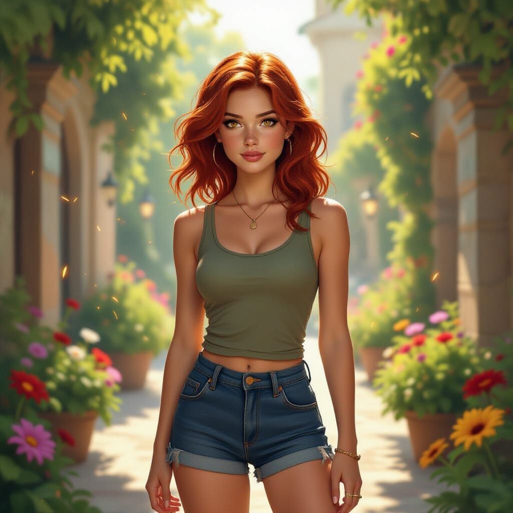 Ginny Weasley in a Magical Courtyard, Digital Art