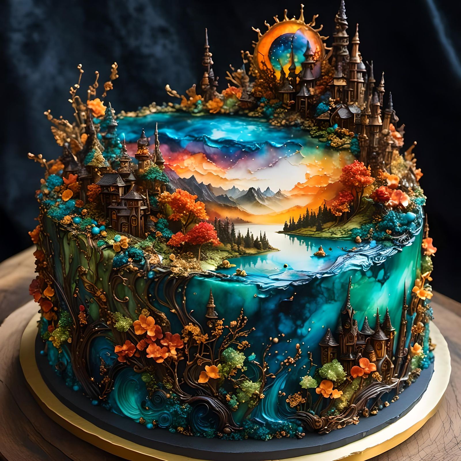 Epic Fantasy Cake with Sharp Focus