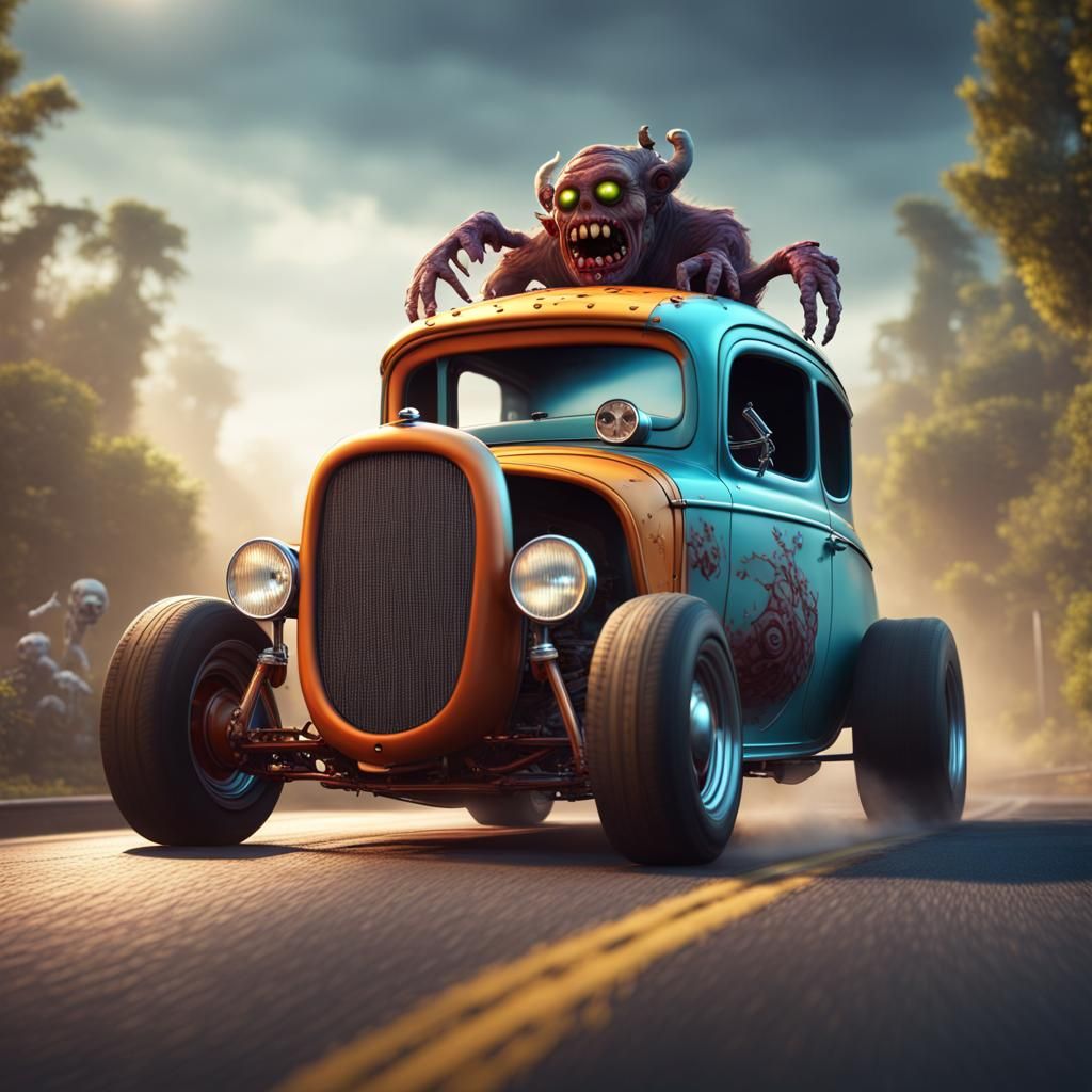 Zombie Monster Driving Hot Rod Car