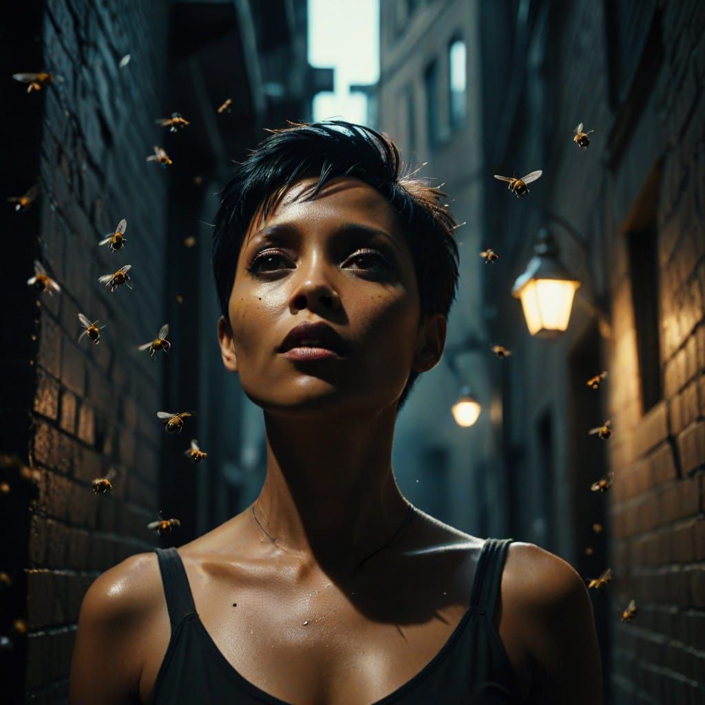 Fish Mooney Surrounded by Swarming Bees in a Dark Alleyway