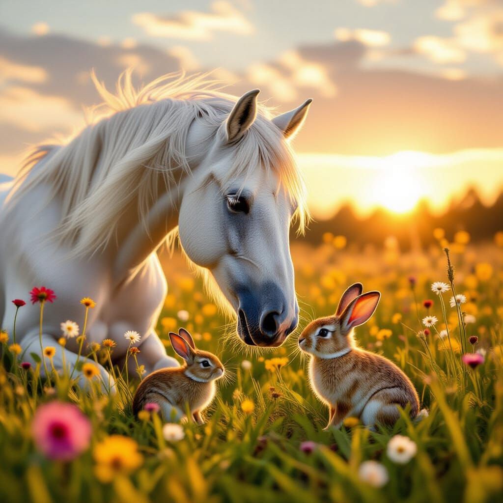 Majestic White Horse in Wildflower Meadow