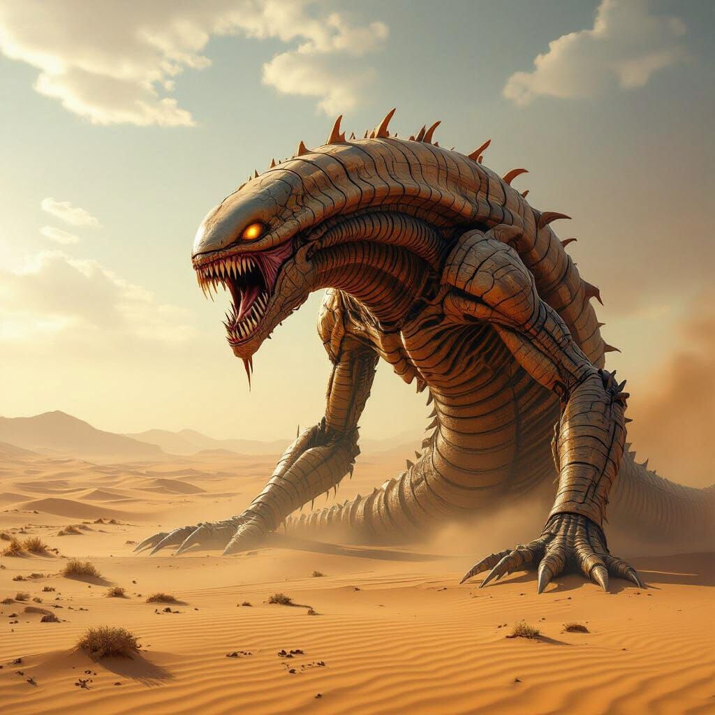 Biomechanical Alien Sand Worm in Desert Landscape