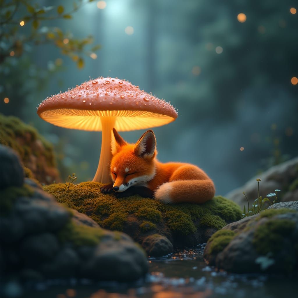 Dreamlike Fantasy: Fox Napping Under Bioluminescent Mushroom