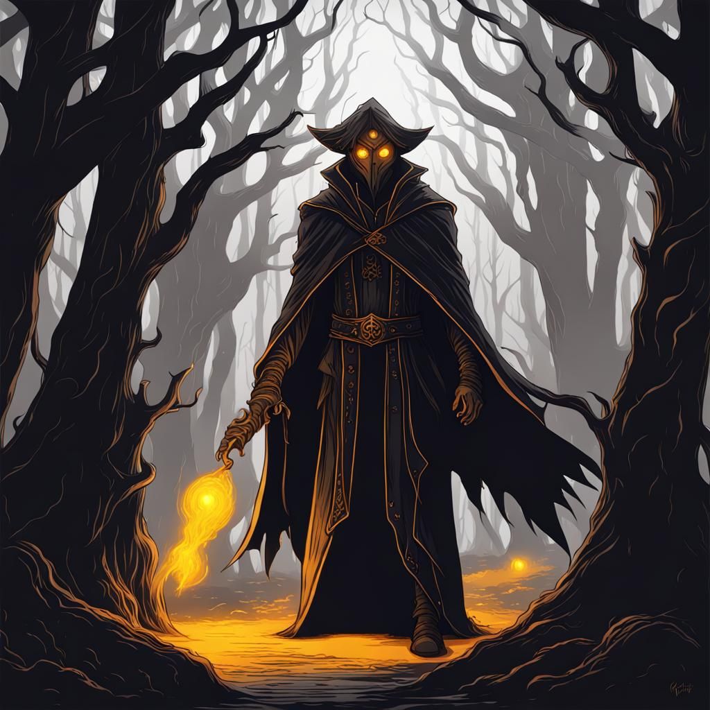 Monochrome Dark Forest Warlock with Amber Eyes