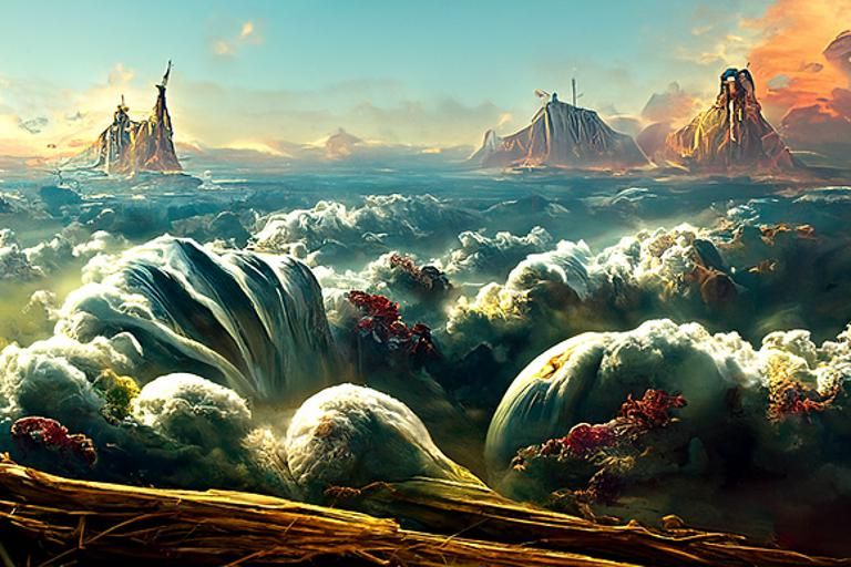 Surreal Landscape Painting with Symbolic Elements