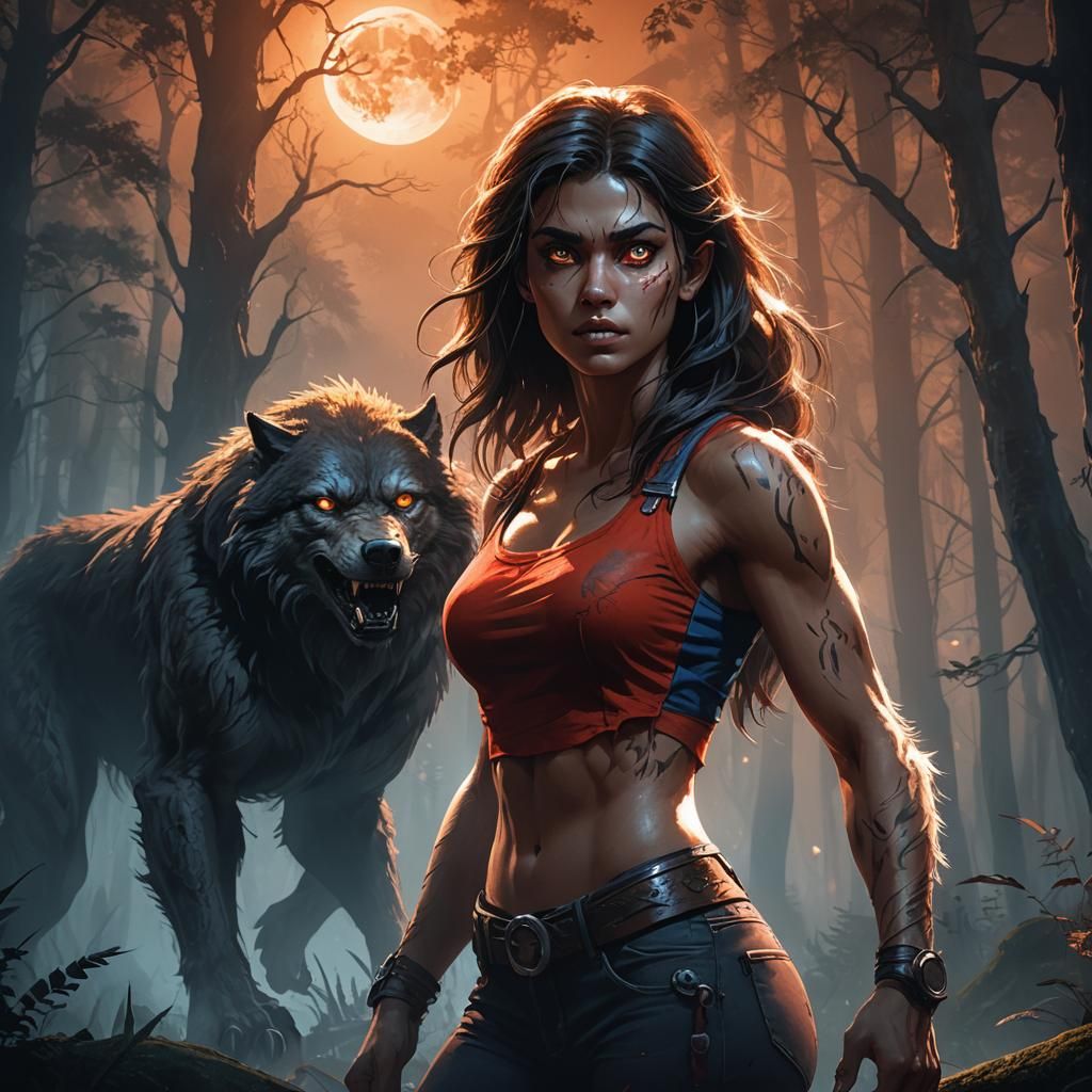 Teenage Werewolf Girl in Misty Forest, Fantasy Art