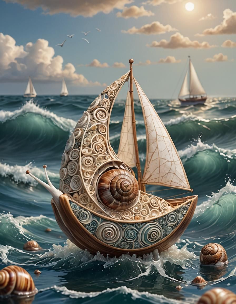 Snail Shell Sailboat on a Serene Sea