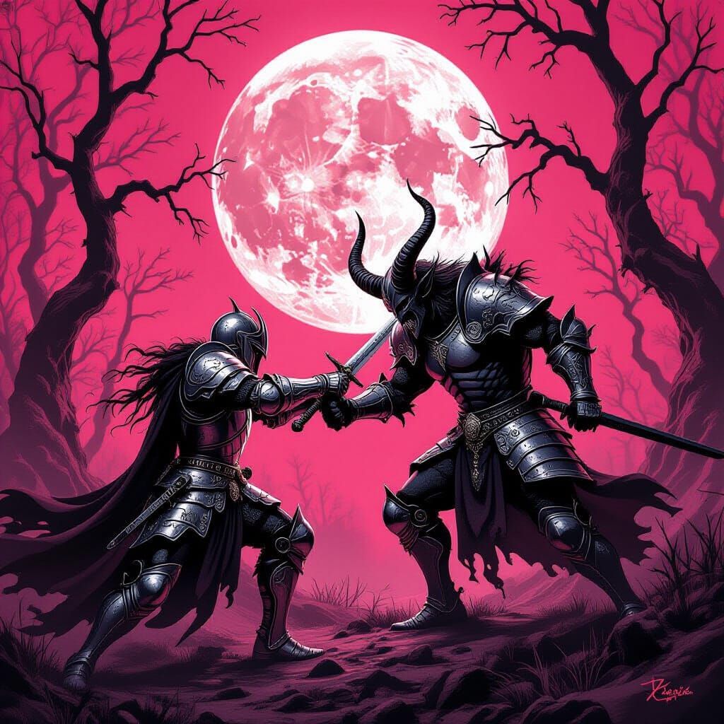 Baroque Knight Fights Demon in Surreal Pink Forest