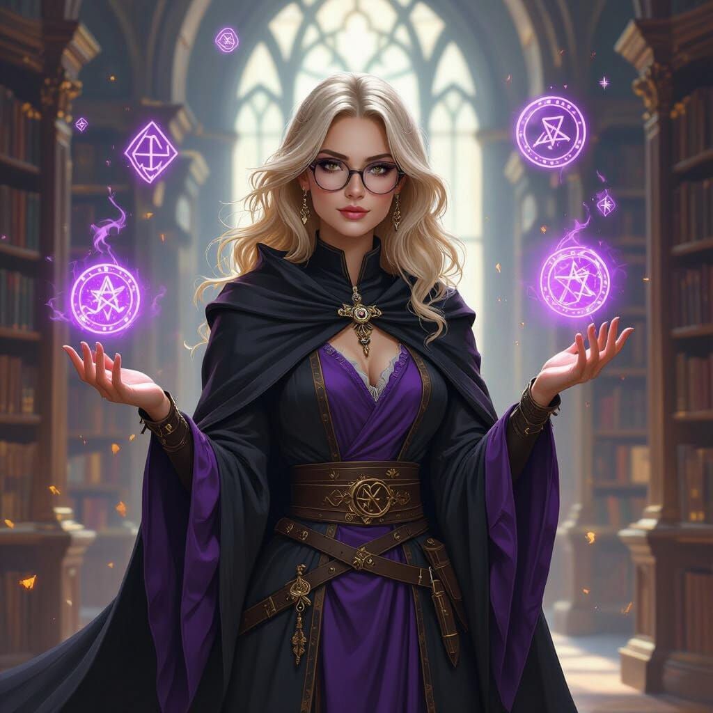 Blonde Wizard with Purple Accents in Rune-Filled Library