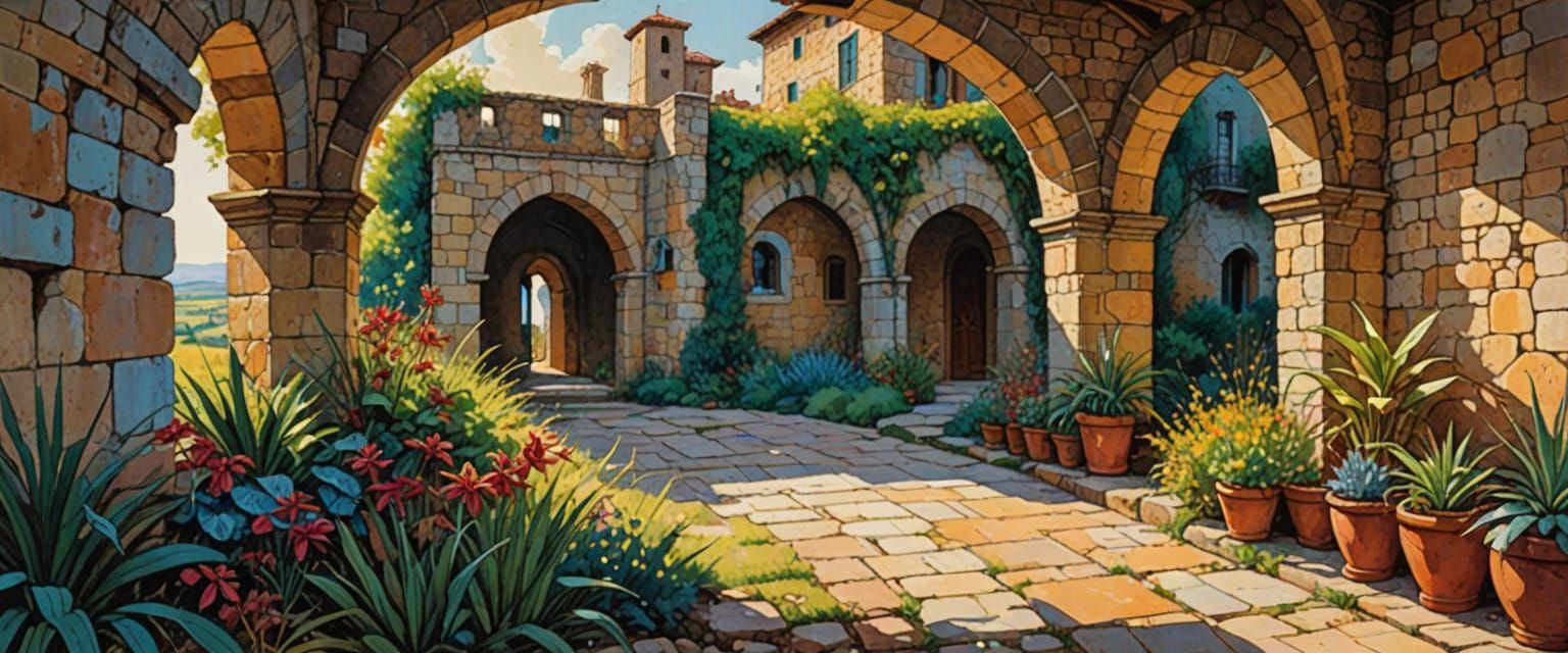 Dragonfly Flies Through Mysterious Arches in Watercolor Styl...