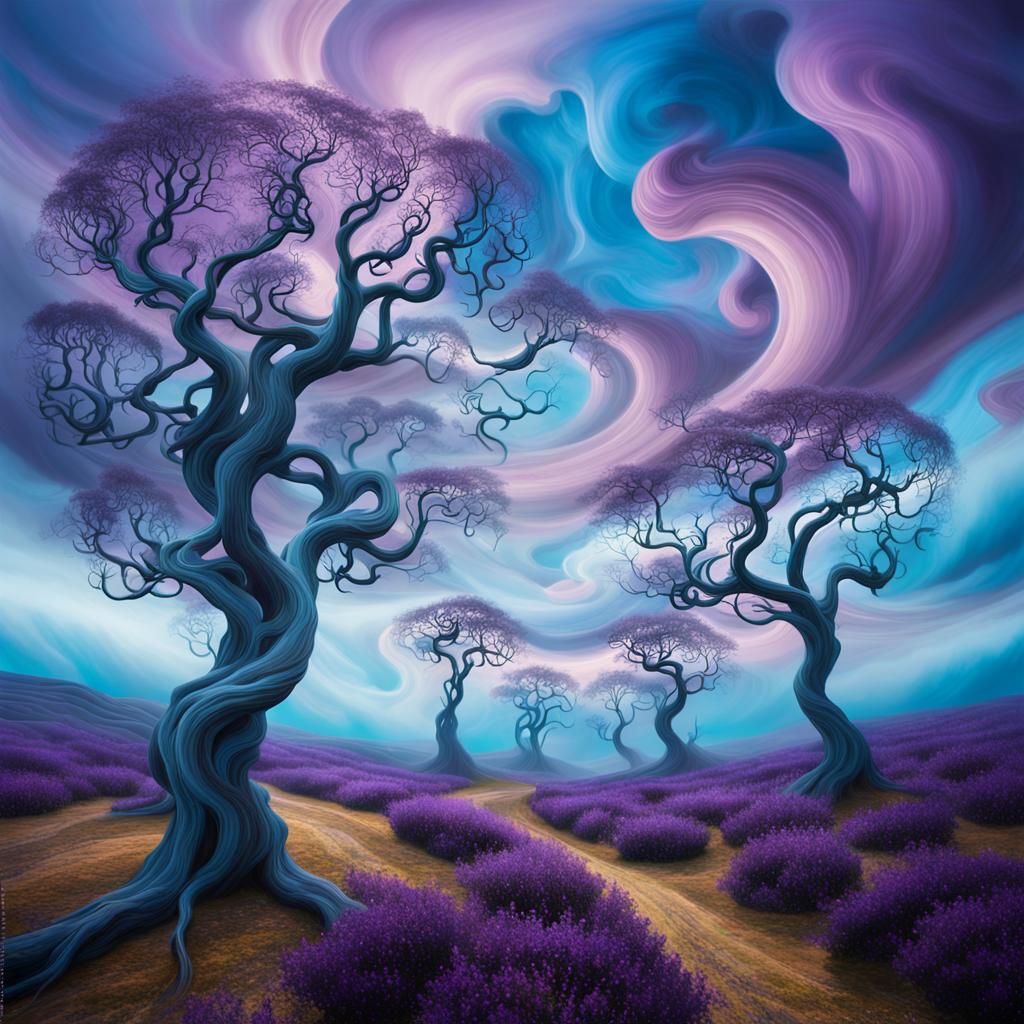 Surreal Dreamscape with Floating Trees and Vortex Clouds