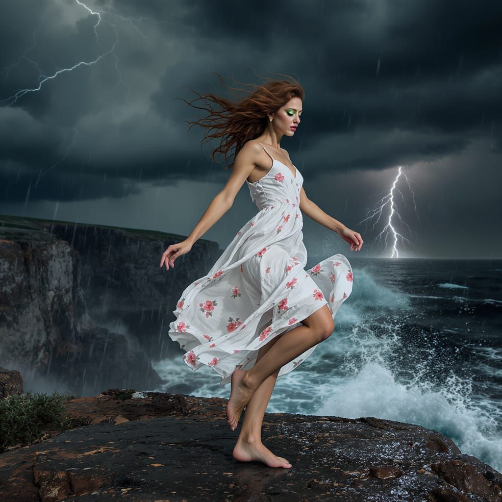 Woman Dances in Stormy Sea, Hyperrealistic Style