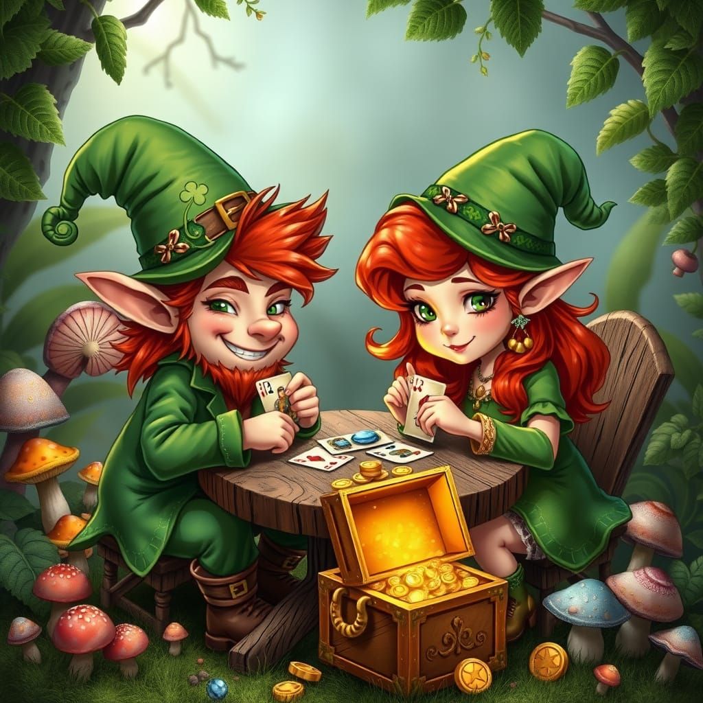 Leprechauns Play Cards for Gold Treasure in Whimsical Style