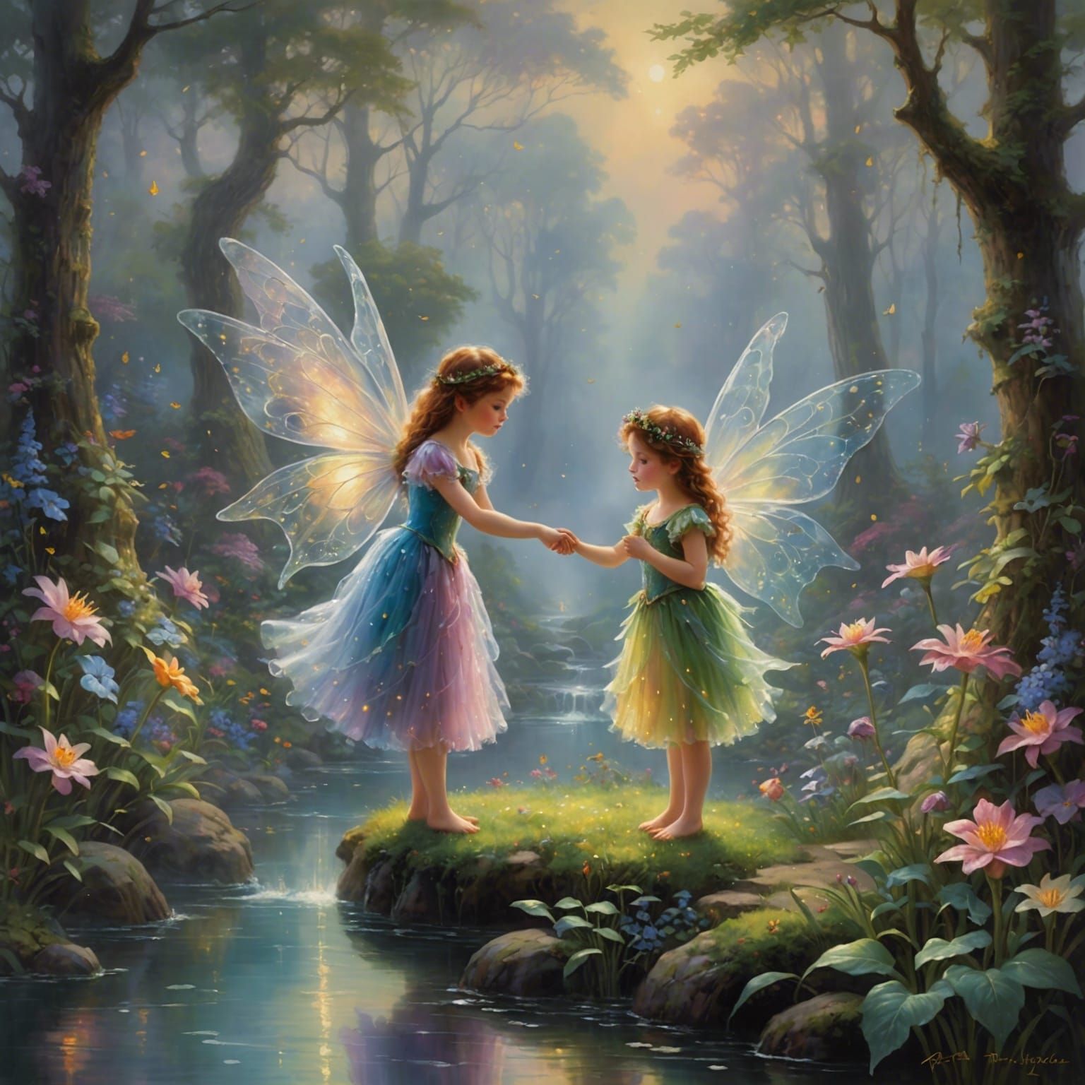Fairies' Tender Reunion: Ethereal Oil Painting
