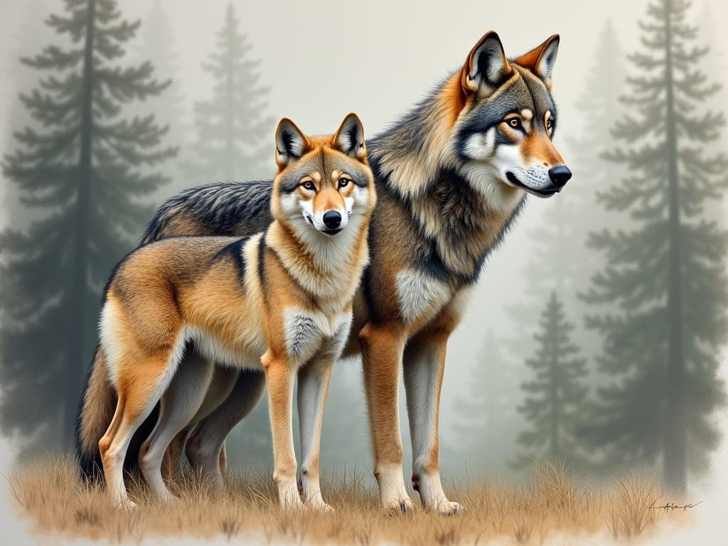 Majestic Wolf Pair in Whimsical Forest Landscape
