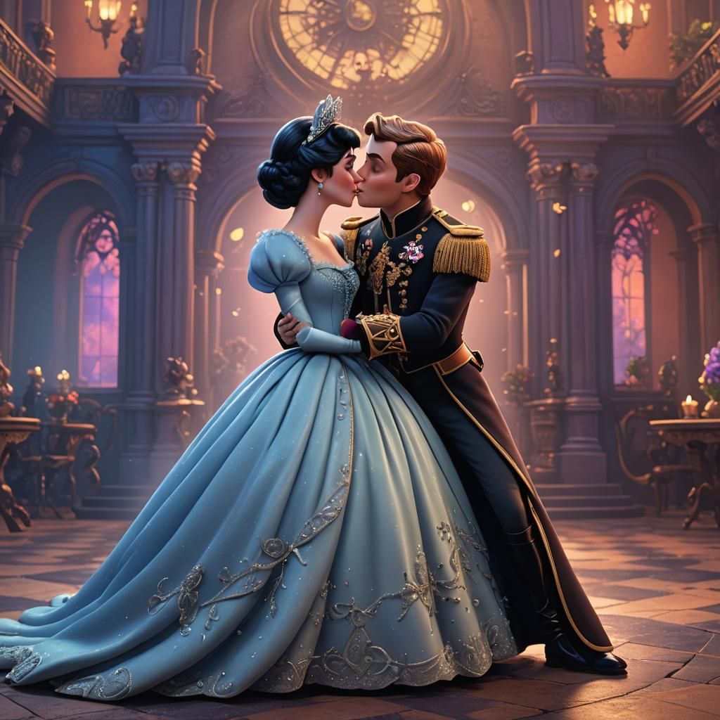 Goth Cinderella and Prince Charming Kiss: 3D Digital Art