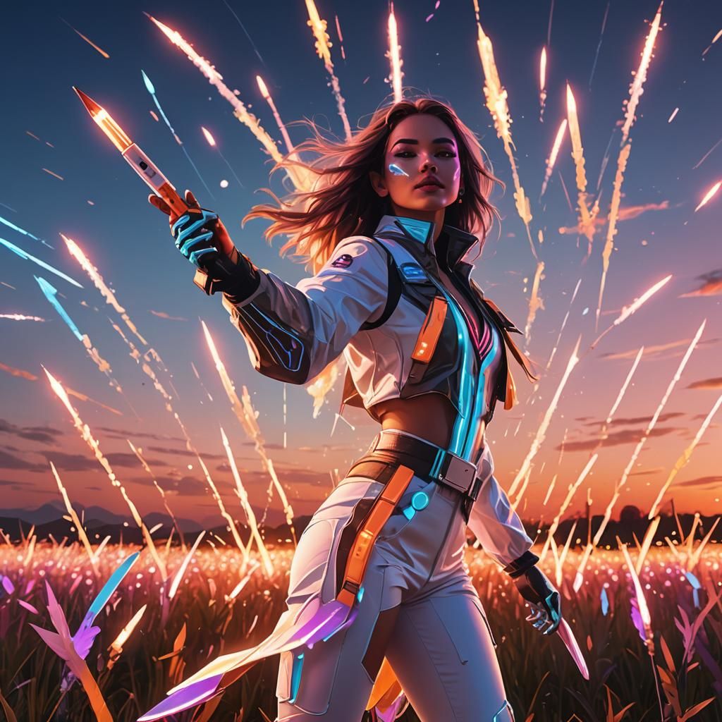 Neon Rave Girl Dancing at Sunset