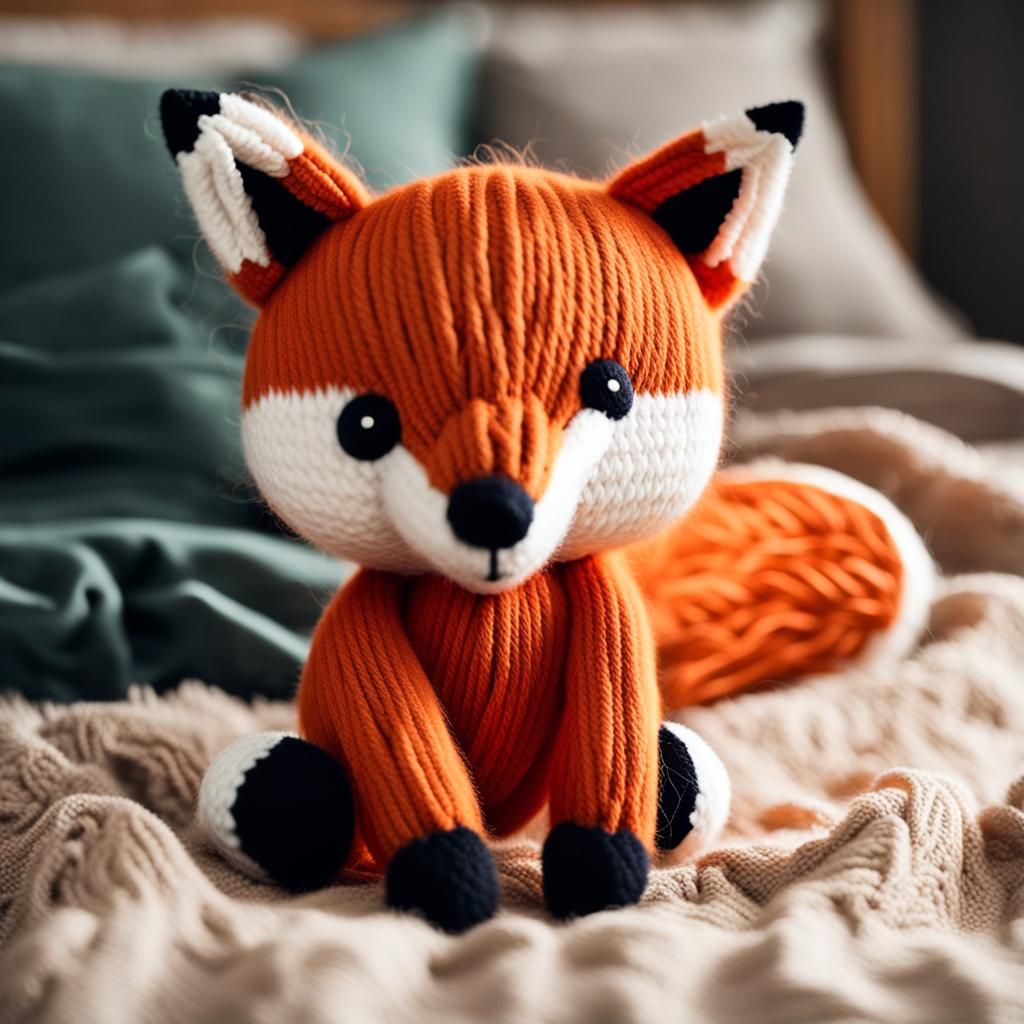 Adorable Yarn Fox Plushie on a Bed
