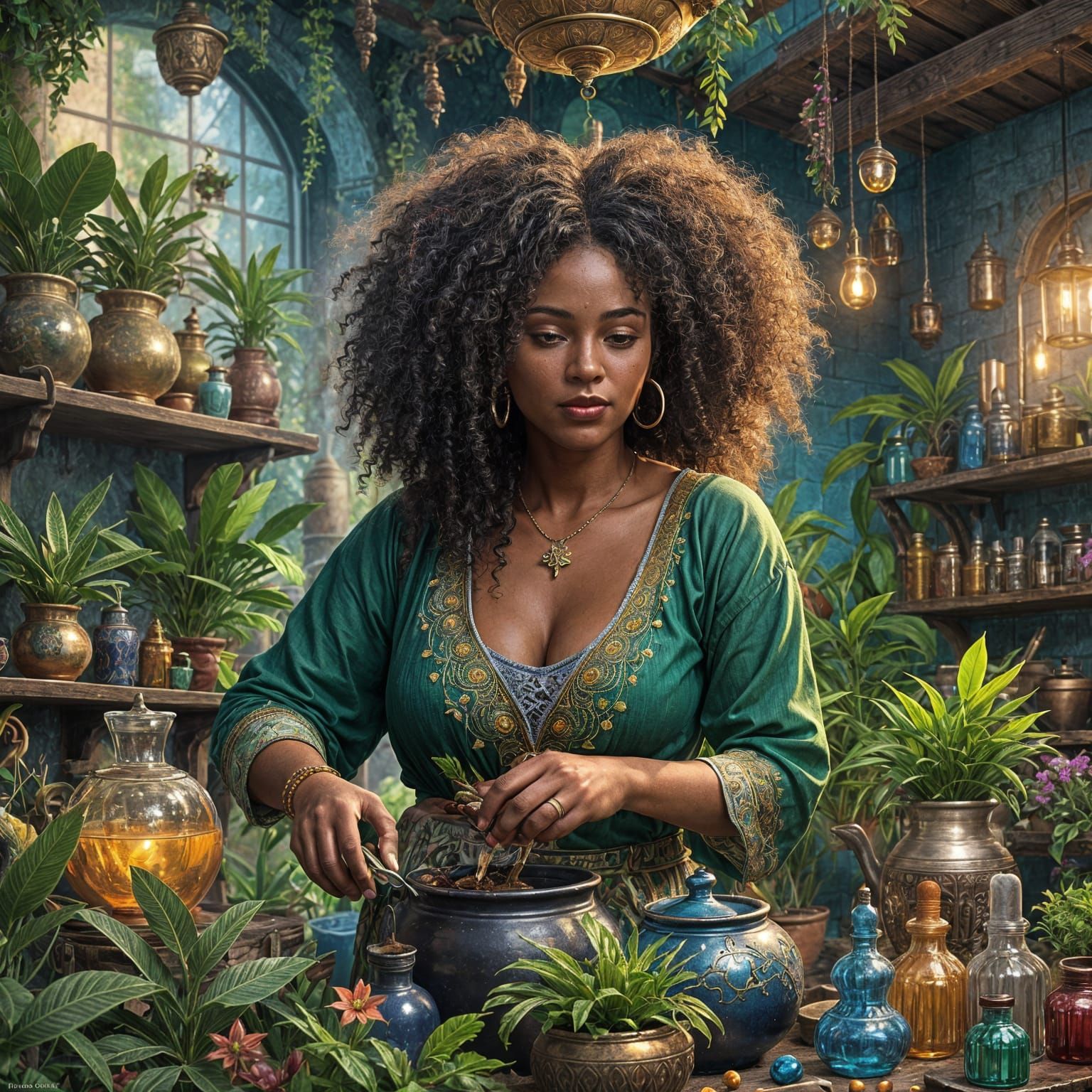 Caribbean Woman Mixing Herbal Potions: Fantasy Art