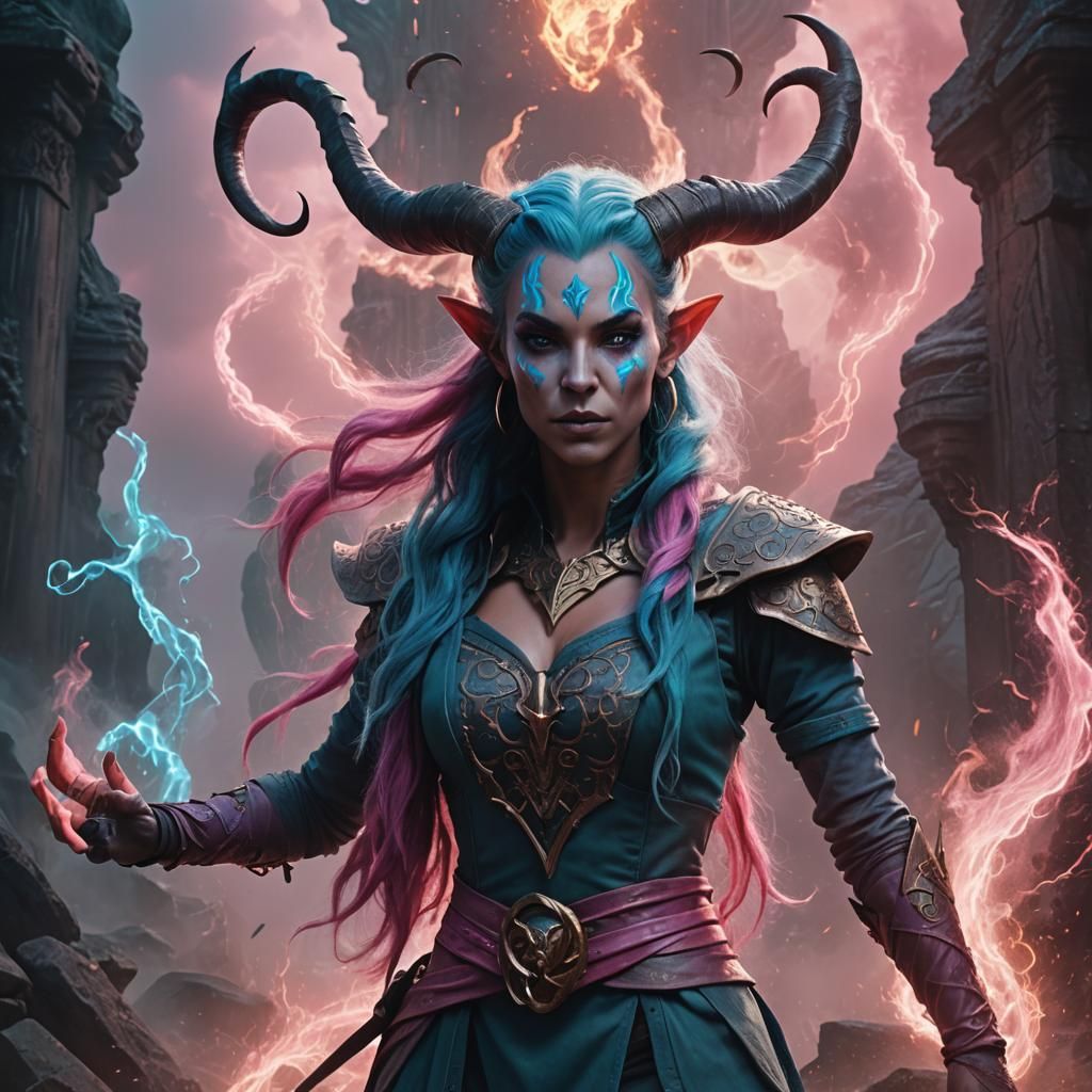 Tiefling Warlock Amidst Mystical Energies: Digital Matte Pai...