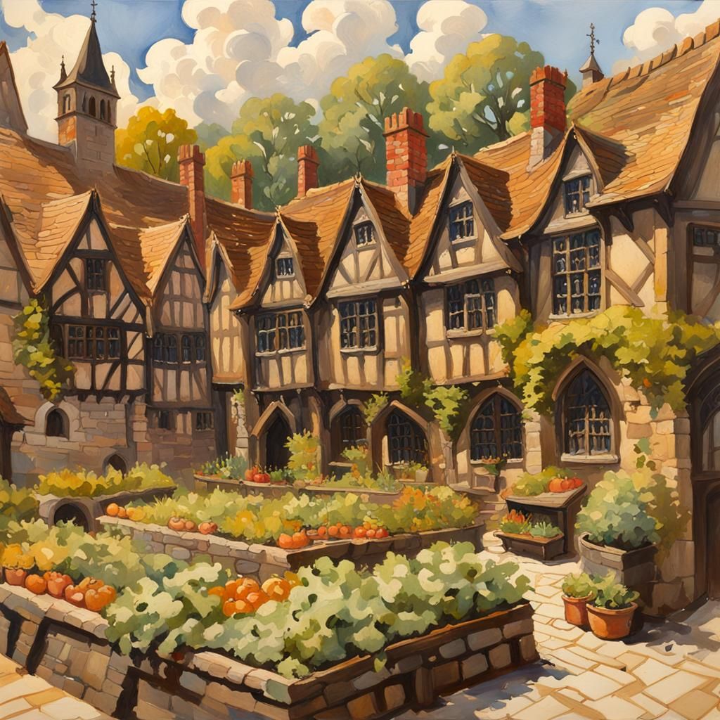 Medieval City Market in Impressionist Gouache Style