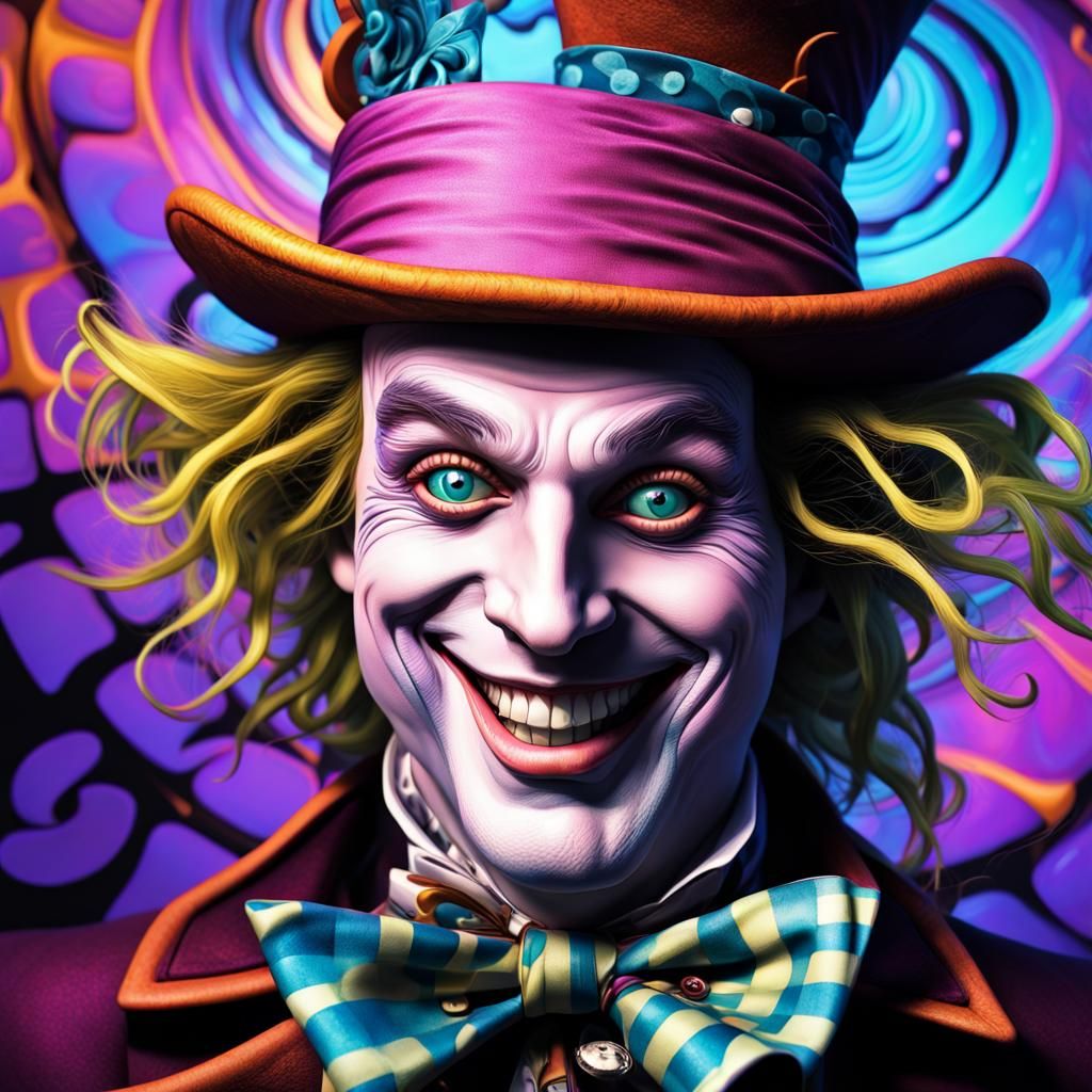 Hyperrealistic Mad Hatter Laughing in UV Color
