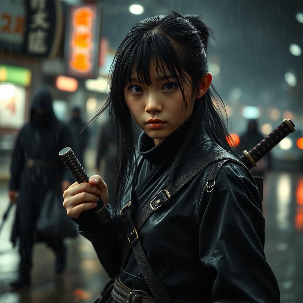 Cyberpunk Ninja Girl in Rain, Hyperrealistic Digital Art
