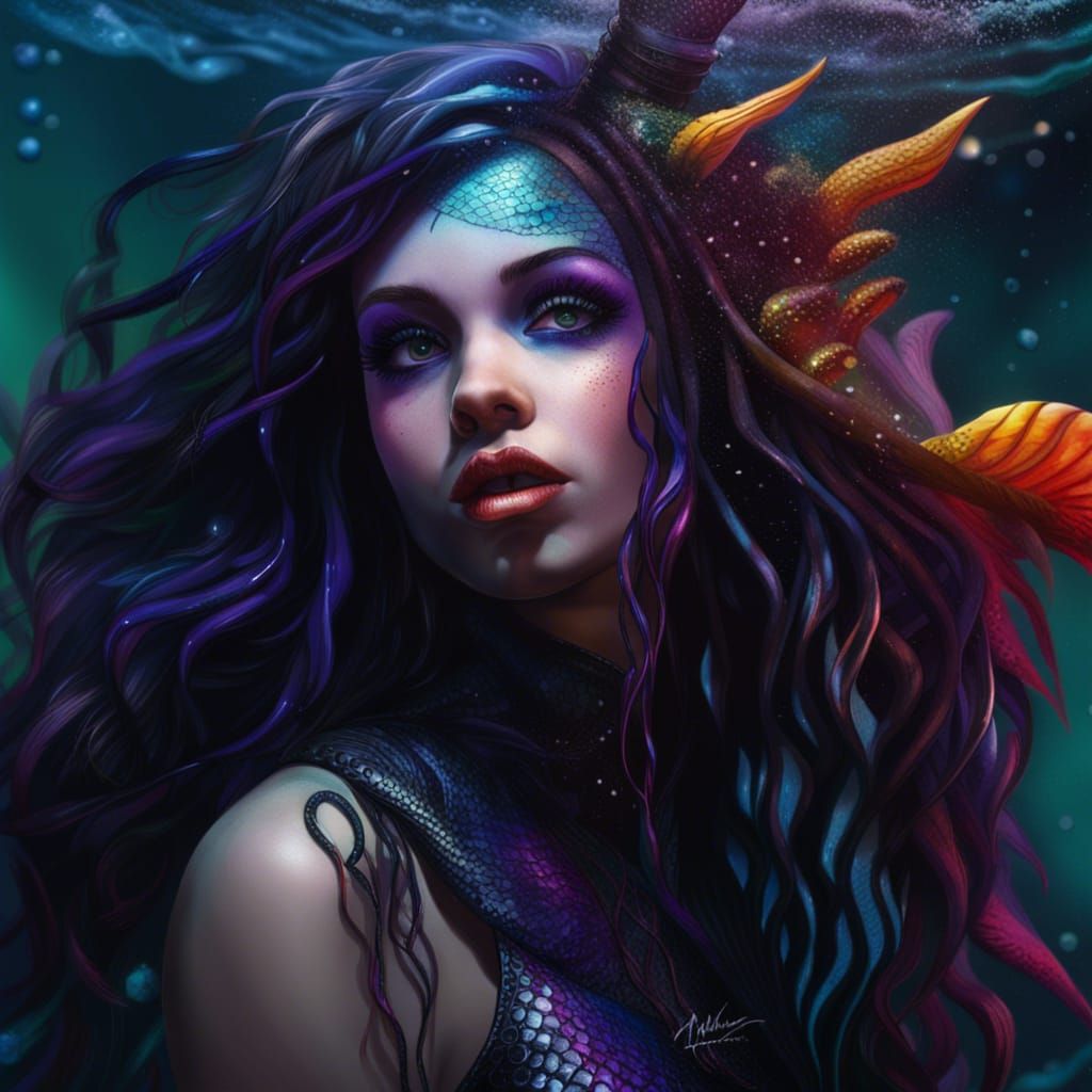 Hyperrealistic Goth Mermaid Splash Art