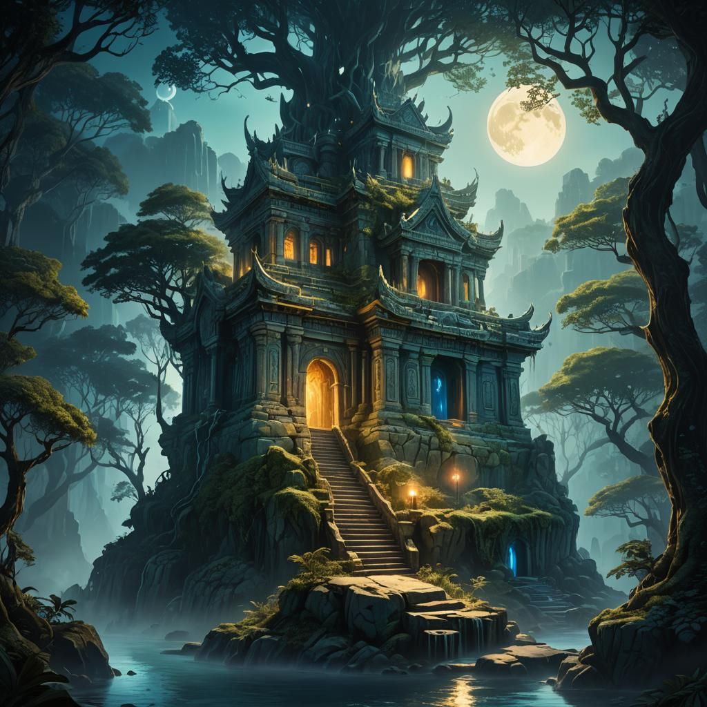 Mystical Moonstone Temple in Moonlit Forest