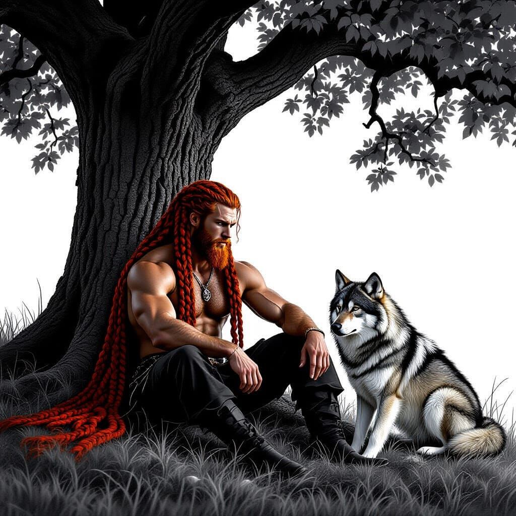 Irish Man and Wolf Under Oak Tree in Pencil Drawing Style