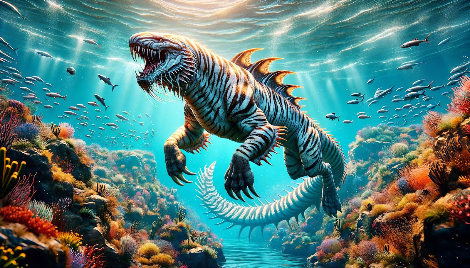 Epic Fantasy Sea Tiger in Underwater Habitat