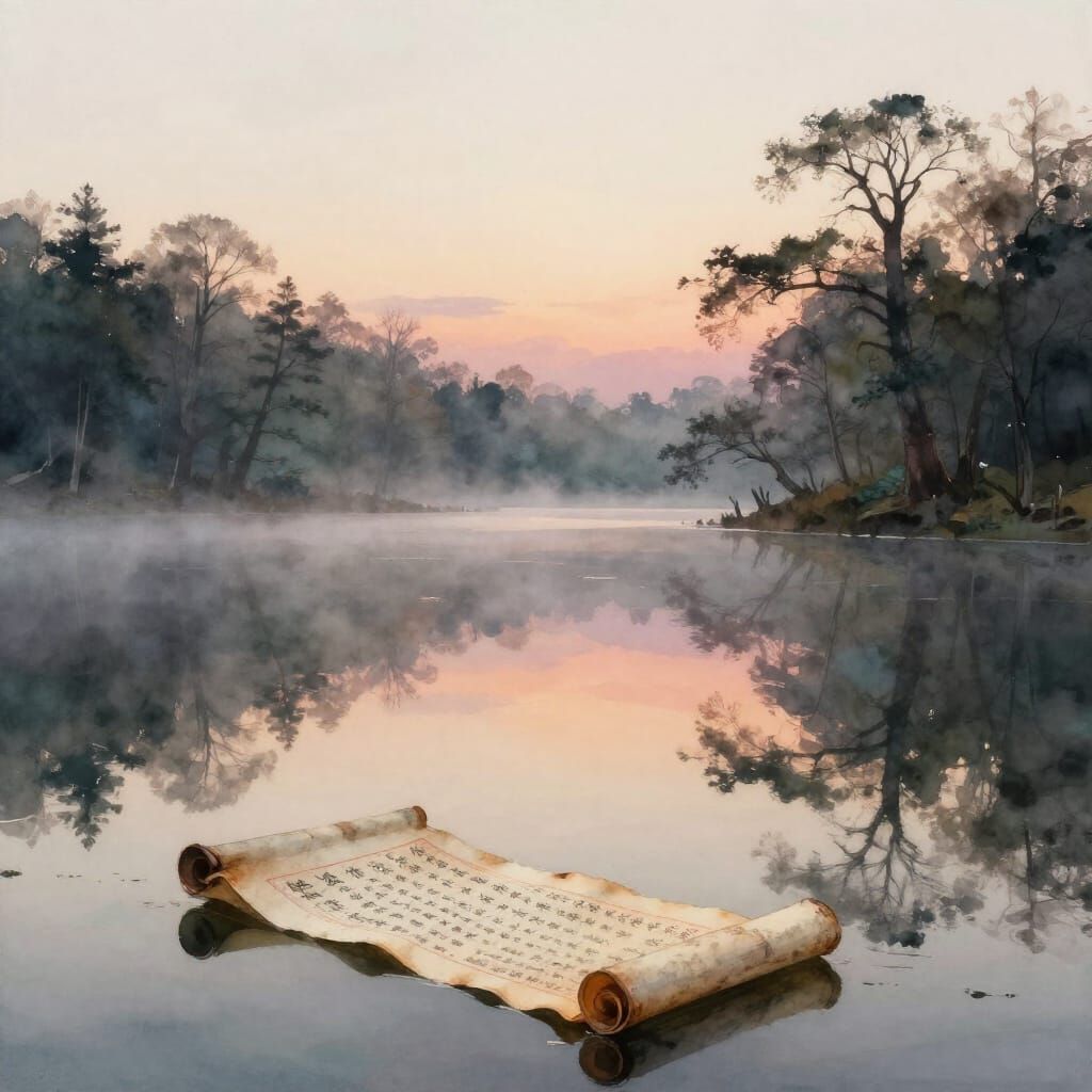 Peaceful Dusk Lake Reflection in Watercolor Style