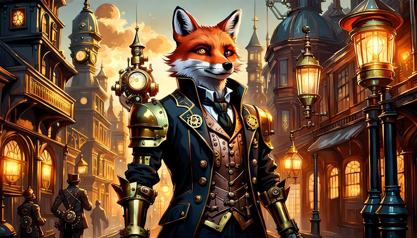 Steampunk Fox Inventor in Victorian Cityscape