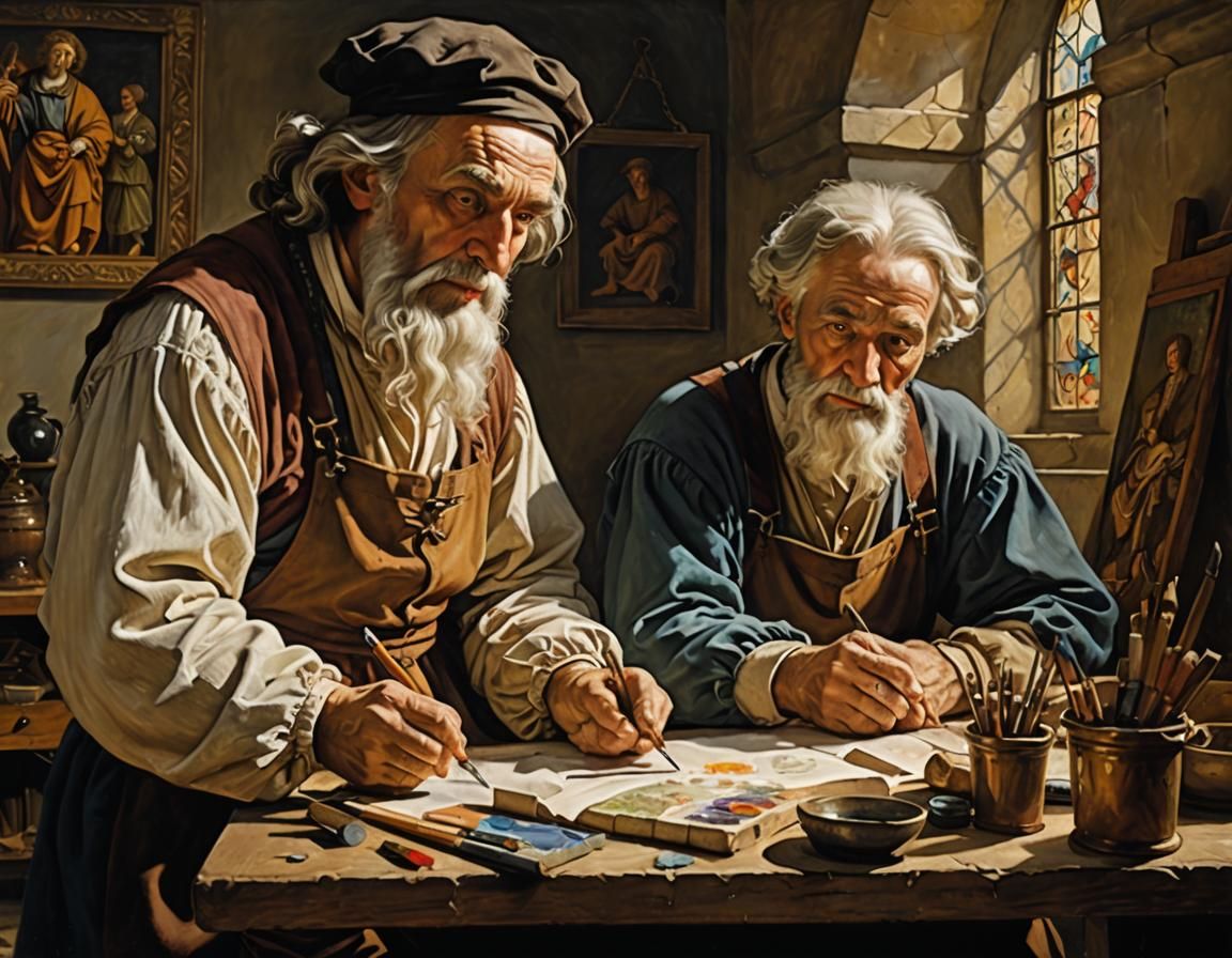 Old Master Teaches Apprentice in Renaissance Style