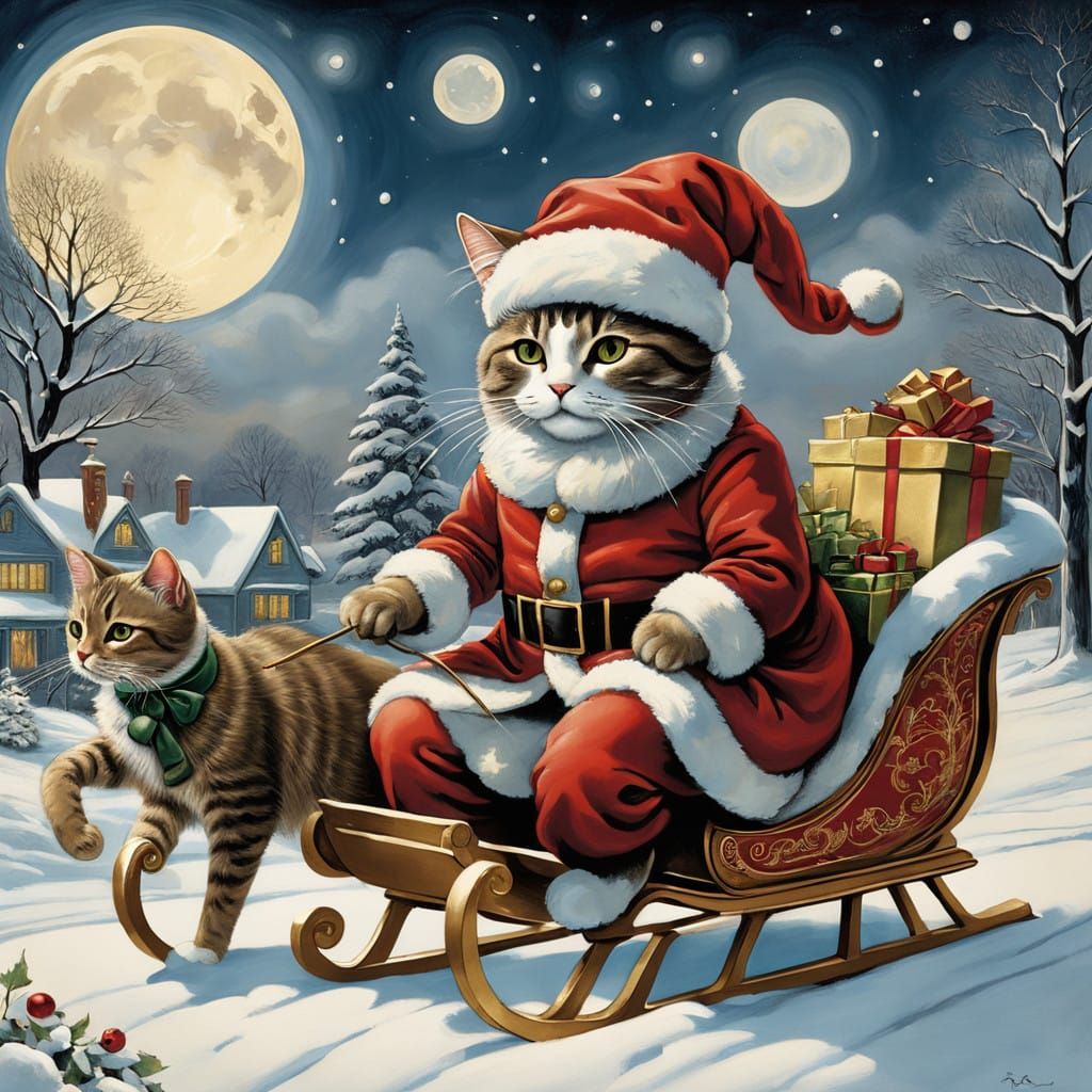 Royal Cat in Crimson Santa Attire with Golden Accents