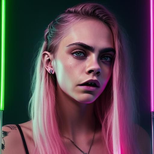 Captivating Portrait with Rose, Digital Neon Painting