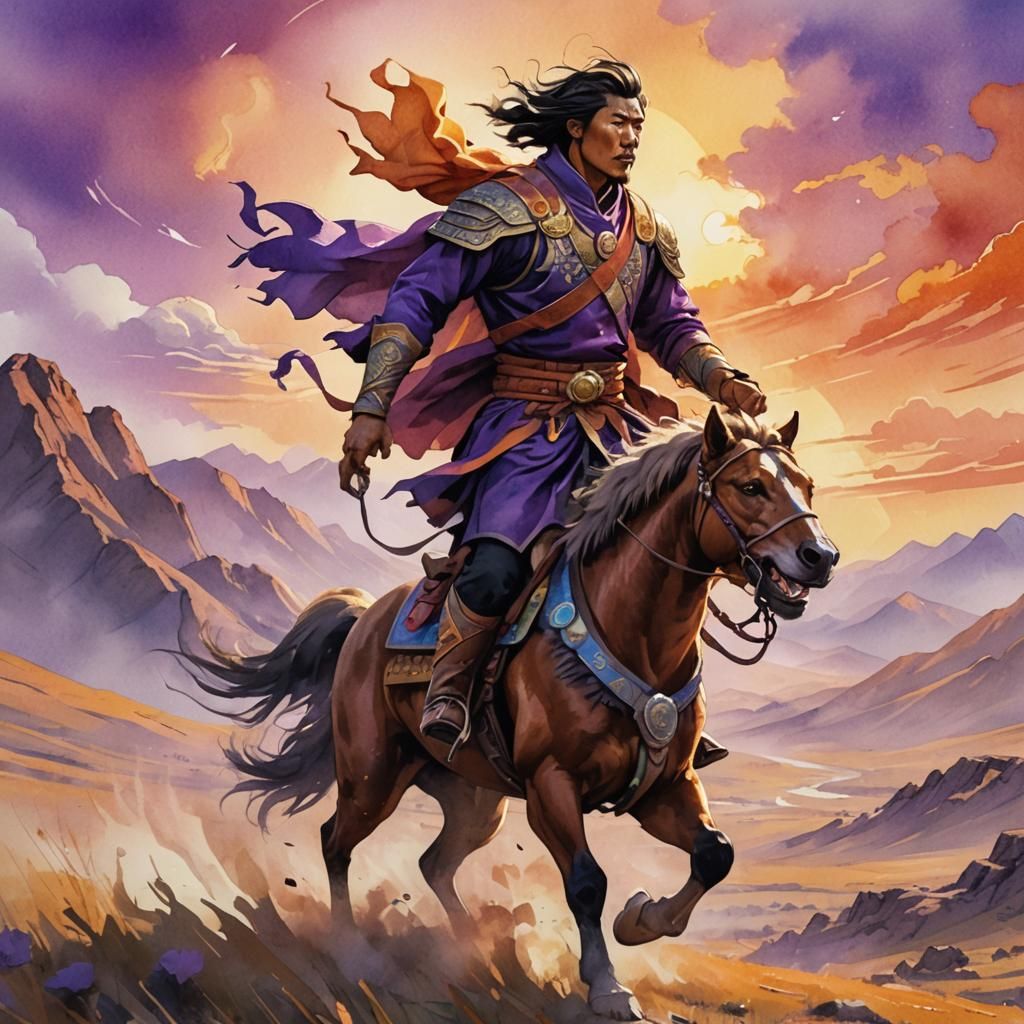 Mongolian Hero Rides Across Steppe in Watercolor