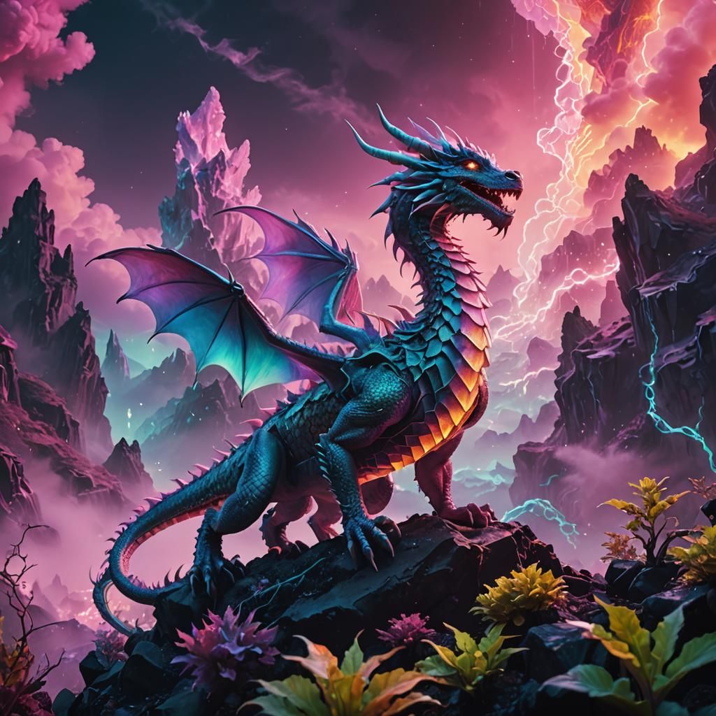 Iridescent Dragon Soaring in Neon Surrealism