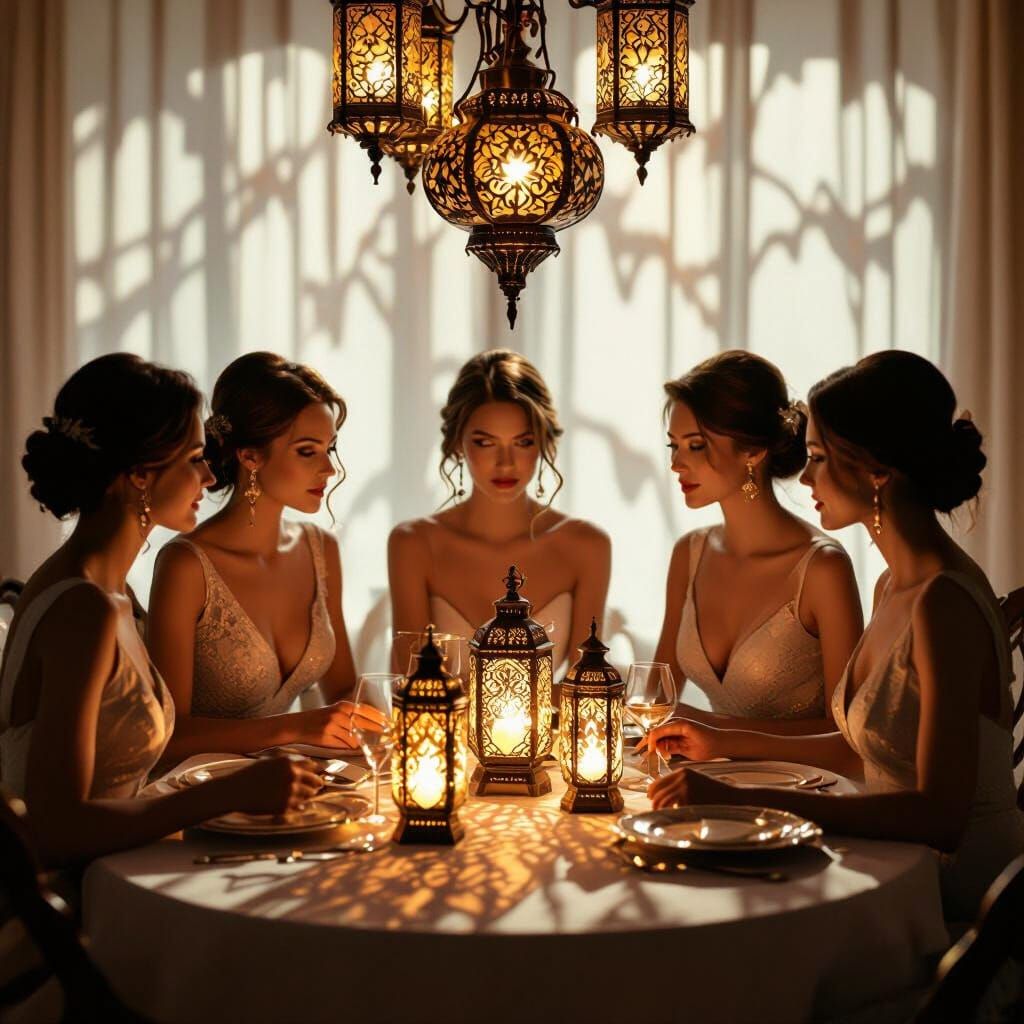 Women Gathered Around Ornate Lanterns in Warm Light