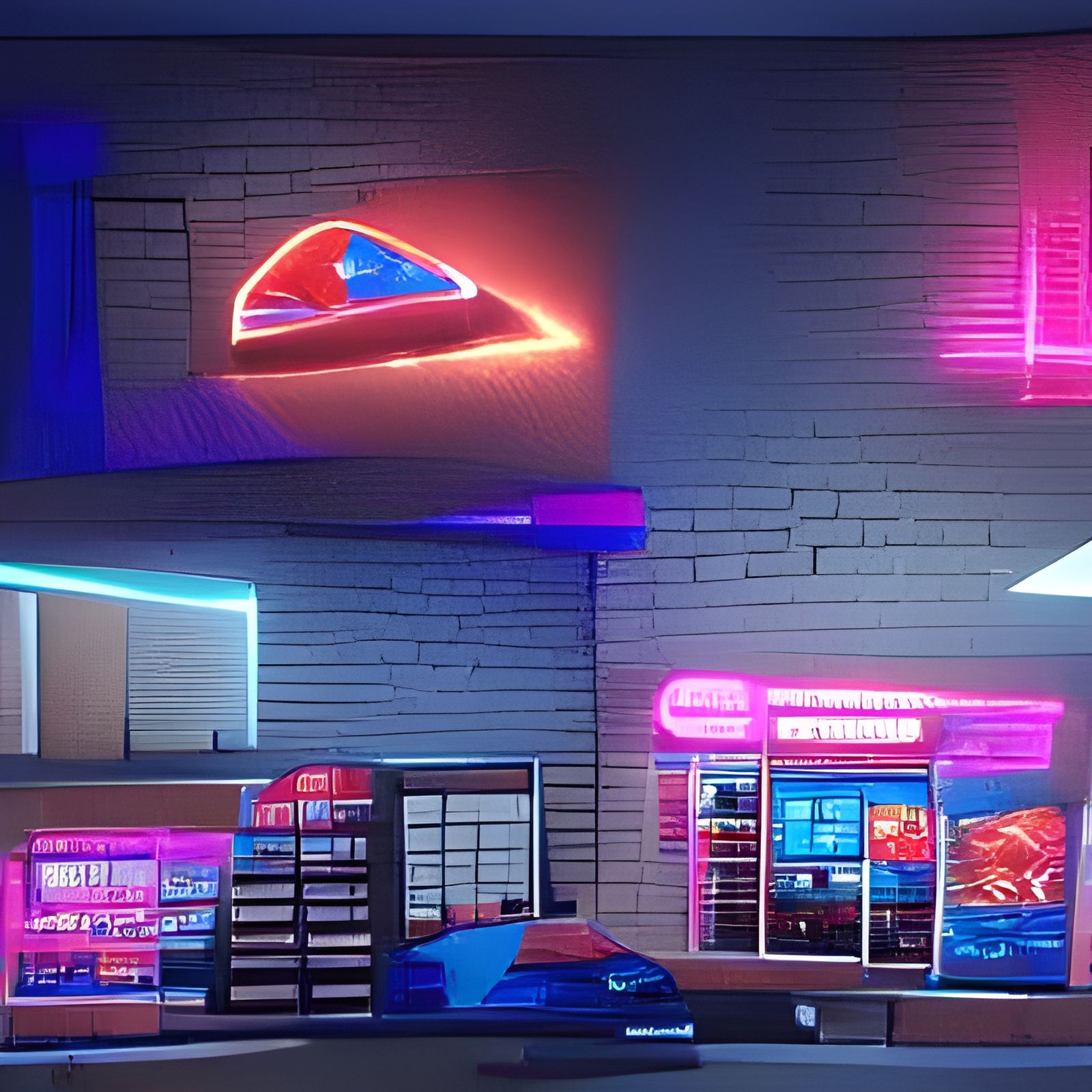 Hyperrealistic Neon Domino's Pizza Shop in Synthwave Style
