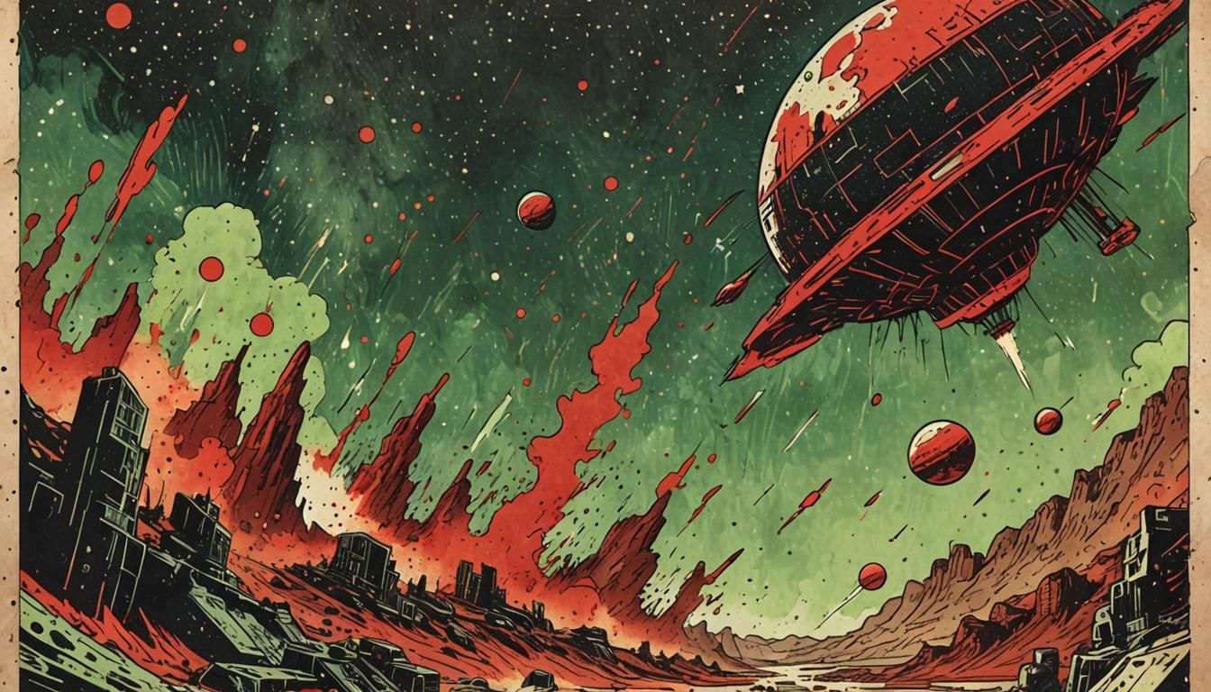 Retrofuturistic Comic Book Art Depicting a Flying Continent....